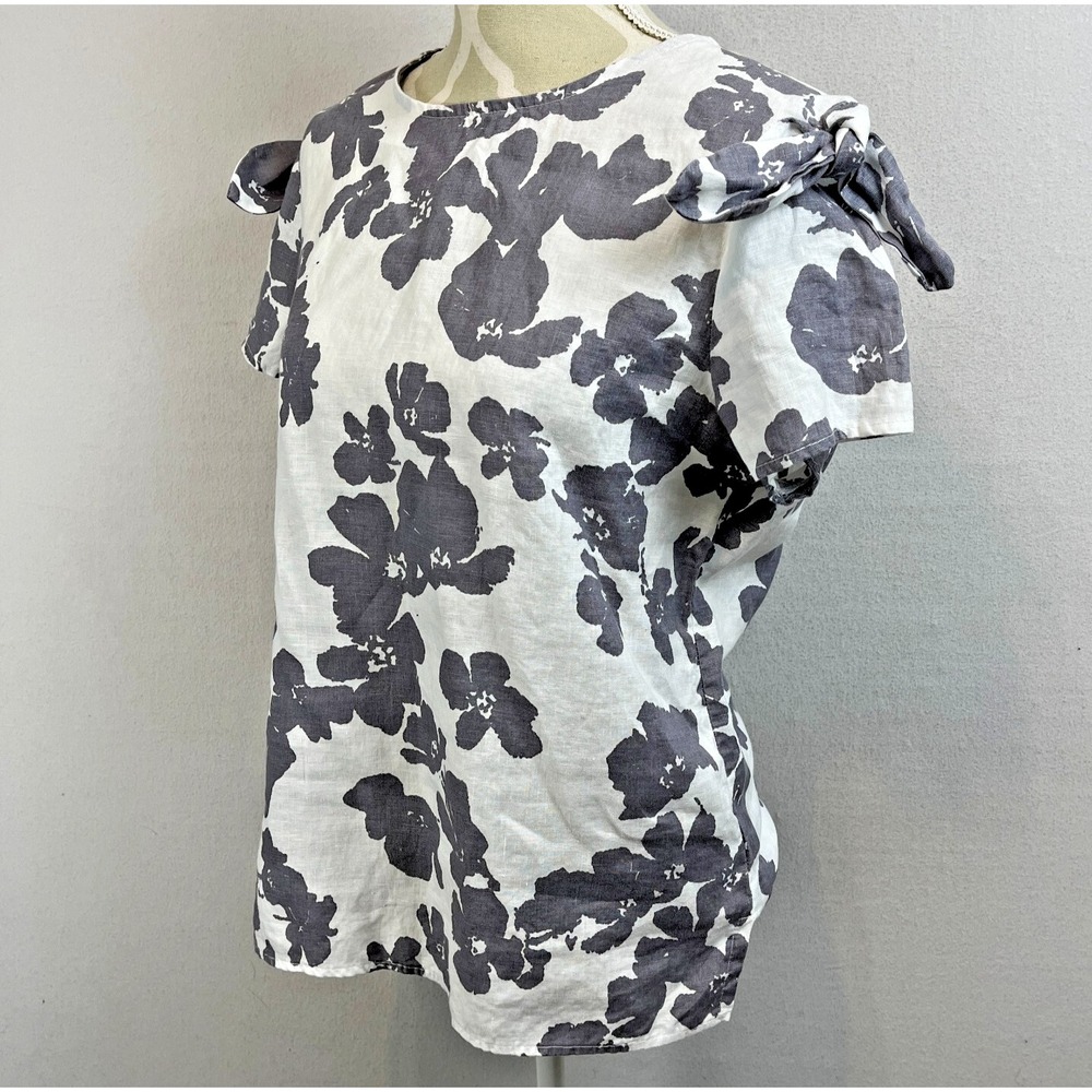 ROBERT KITCHEN Linen Floral Blouse Womens M Short Sleeve Floral Gray‎ White